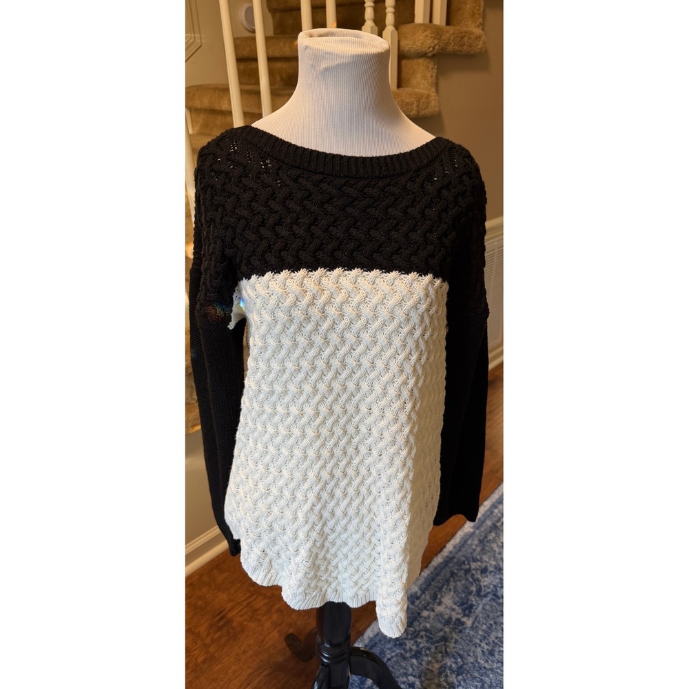 Dressbarn Womens XL Petite Colorblock Mixed Cable Knit Sweater Black White XL-P